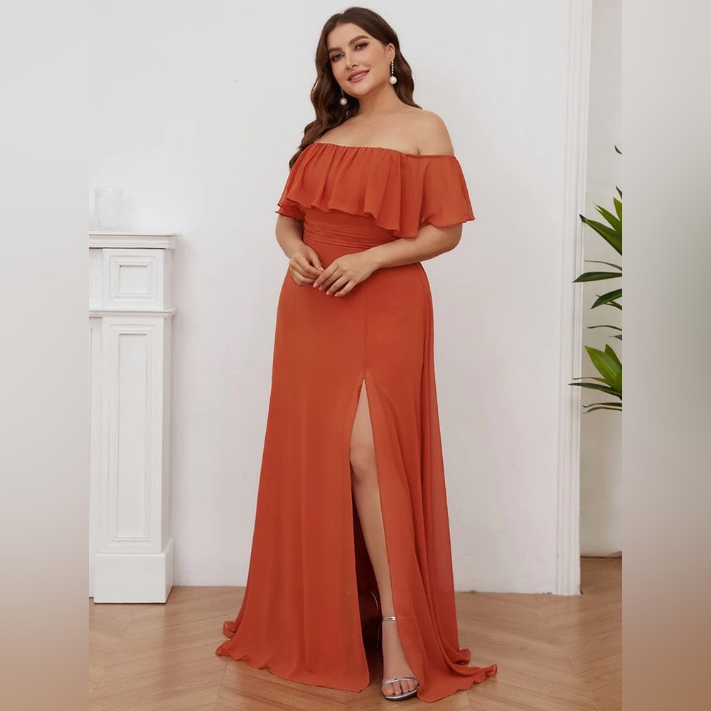 NWT EverPretty Burnt Orange Chiffon Off-the-shoulder Ruffle Dress w/ slit Sz. 10